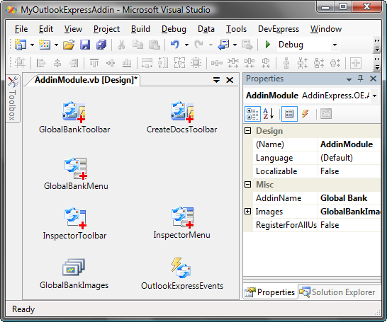 Outlook Express add-in designer
