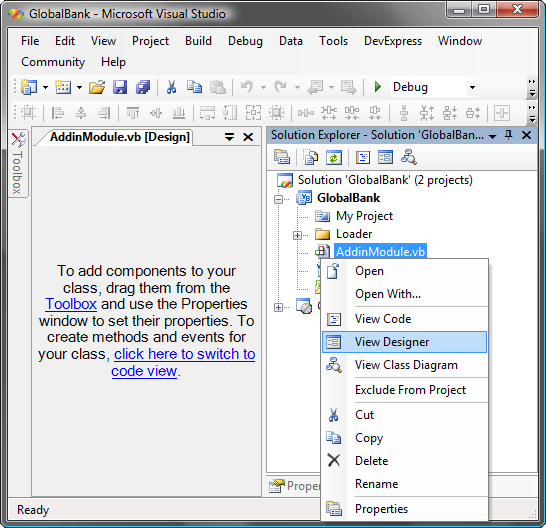 Outlook Express add-in module designer