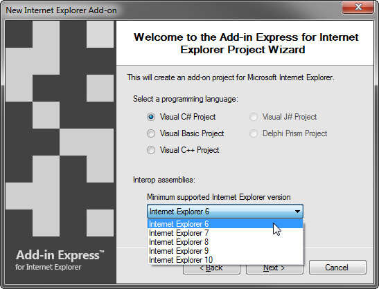 New project wizard to develop an add-on for IE6 - IE10