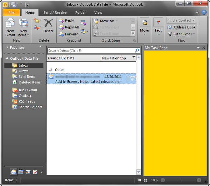 A custom Office task pane in Outlook 2010