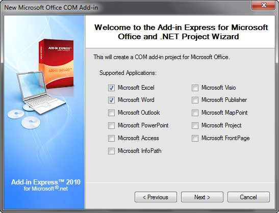 Selecting Microsoft Excel and Word as supported applications