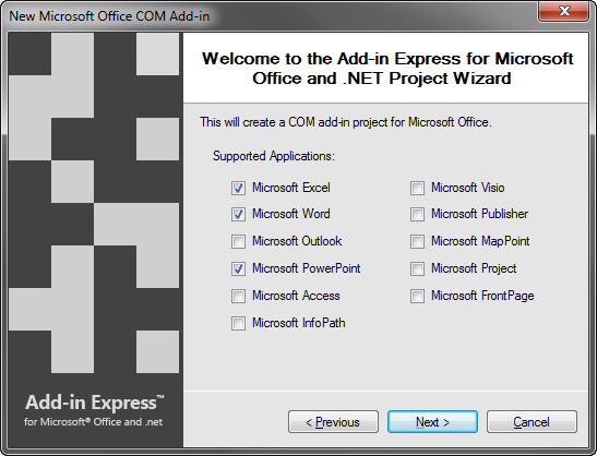 Select the Office applications supported by your add-in