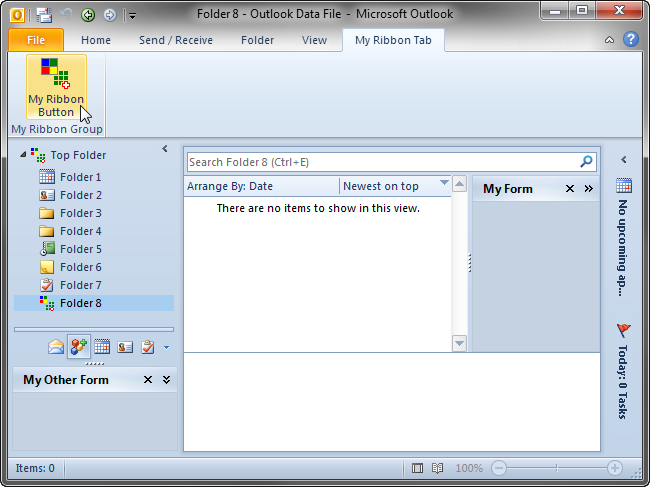 Custom Outlook 2010 UI: ribbon tab with a button