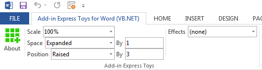 Add-in Express Toys tab added to Word 2013 ribbon