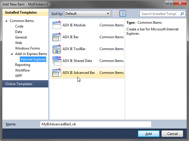Advanced IE Bar in the Add New Item dialog