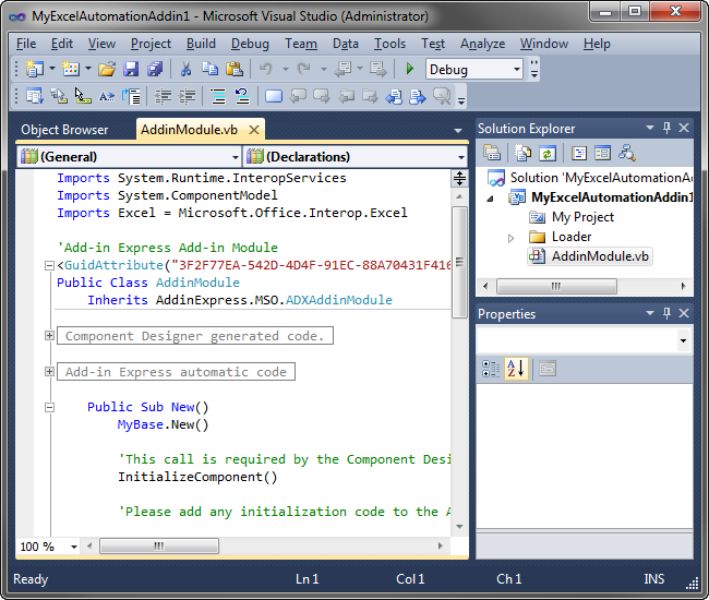 A new Excel Automation Add-in solution in Visual Studio
