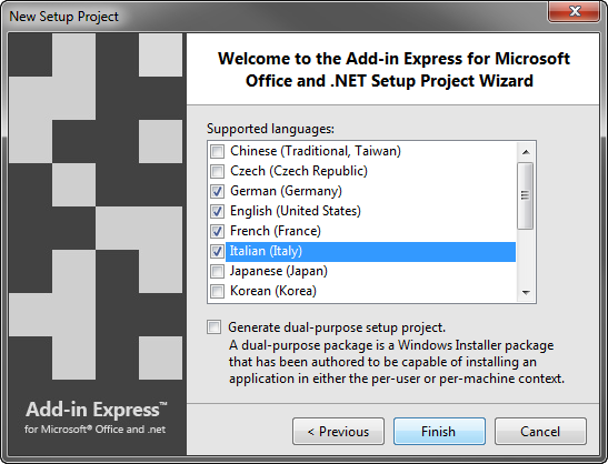 Choose languages to support by the WiX installer of your add-in