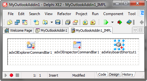 Adding the Outlook Keyboard Shortcut component