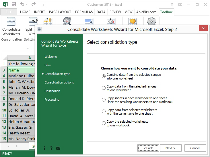 Consolidate Worksheets Wizard for Microsoft Excel 